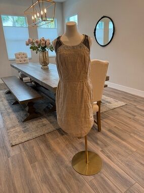 NWOT - LOFT Tan Linen Mini Dress with Sequin Detail on Shoulders